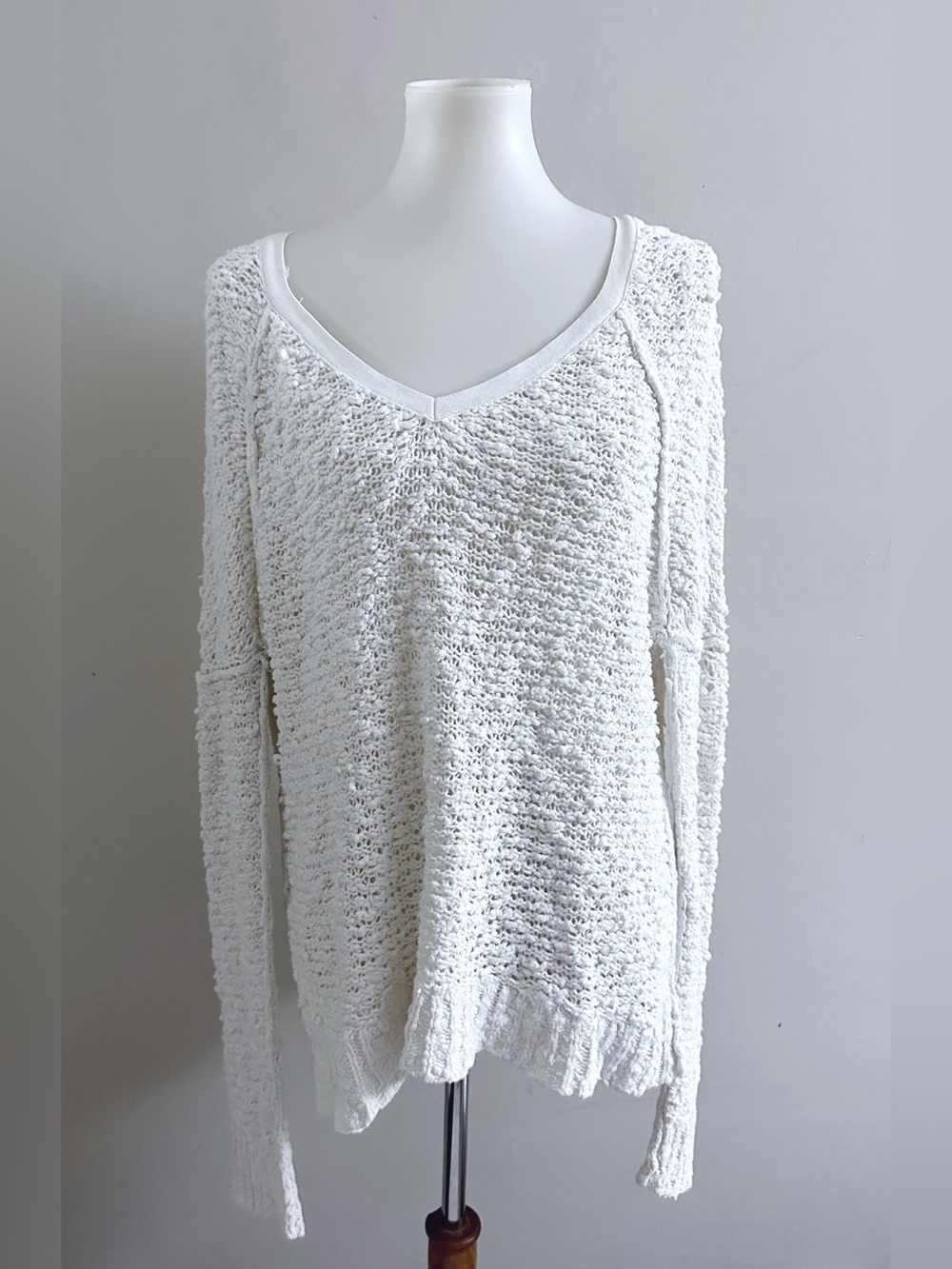 Free People Cream White V-Neck Sweater Boho Minimalist Preppy Coastal Fall
